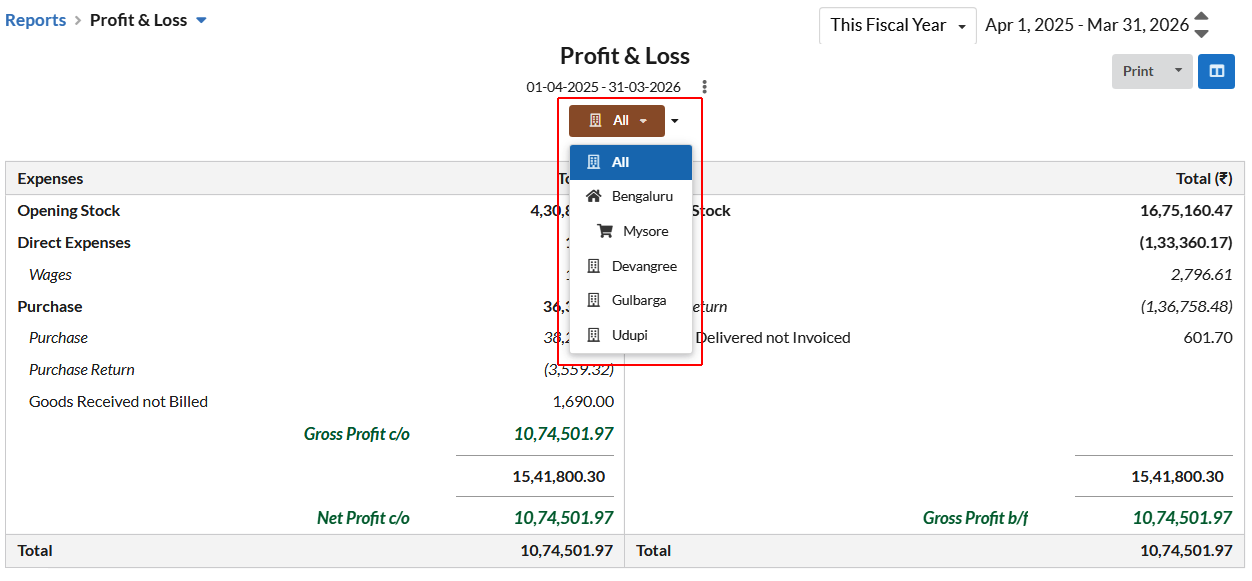 switch to reports of various branch/franchisee