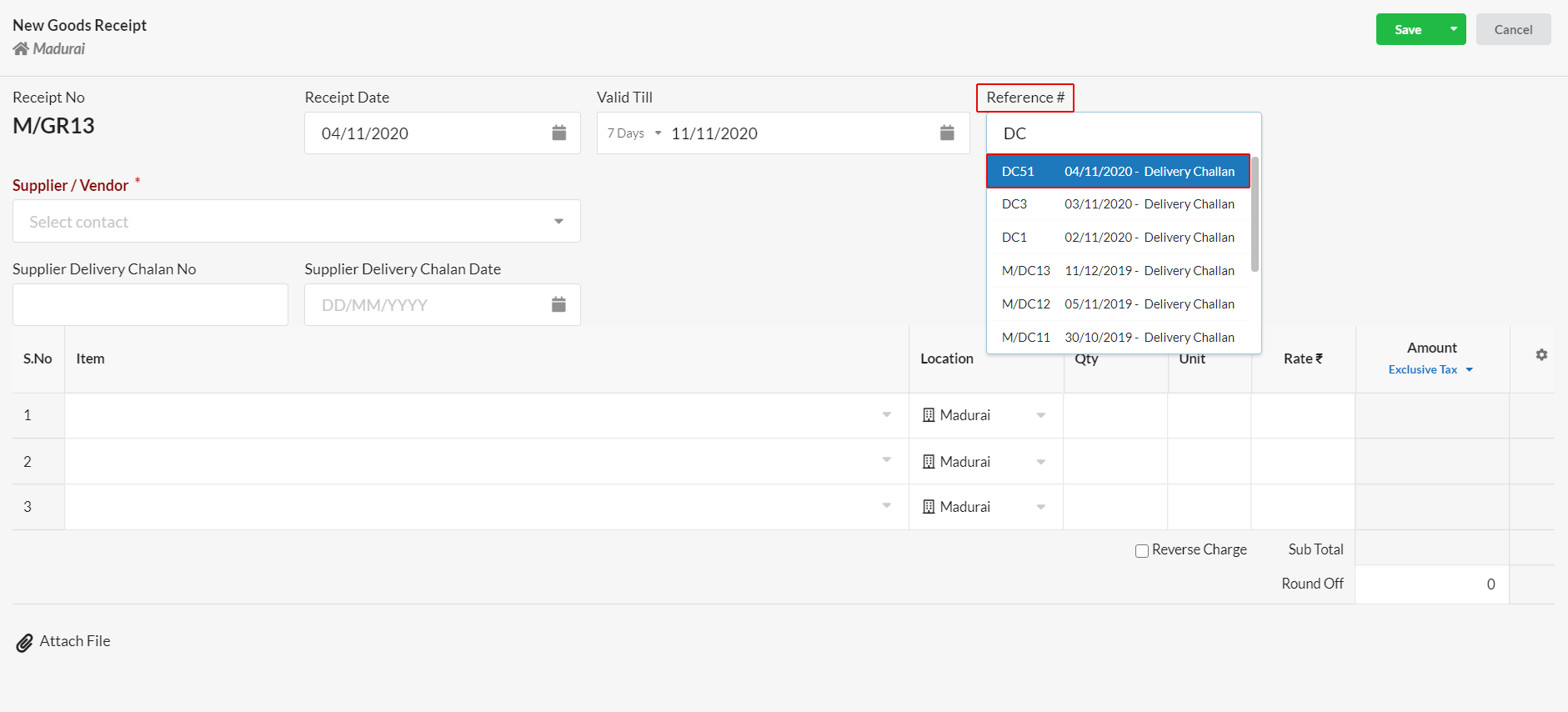 Delivery challan reference in Goods receipt