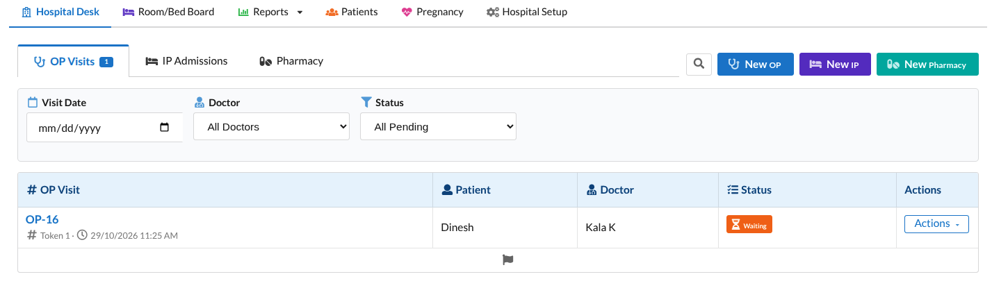 Output Books Hospital Desk with OP visits, IP admissions and pharmacy tabs