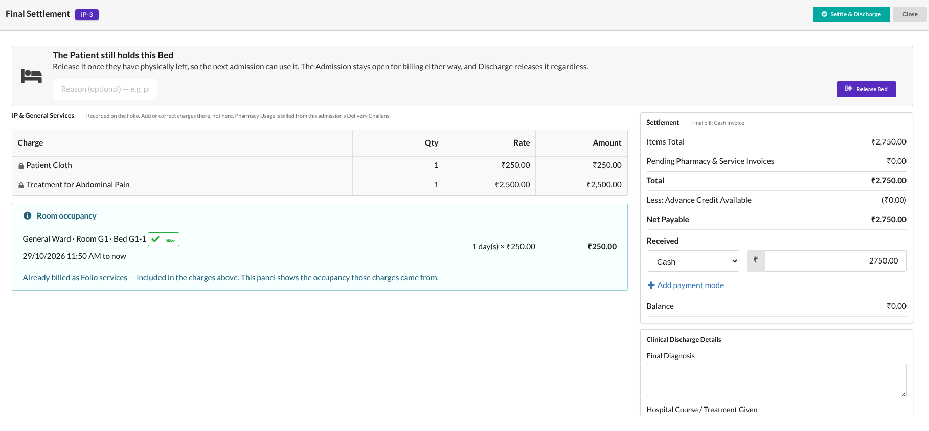 Final settlement and discharge billing screen in Output Books