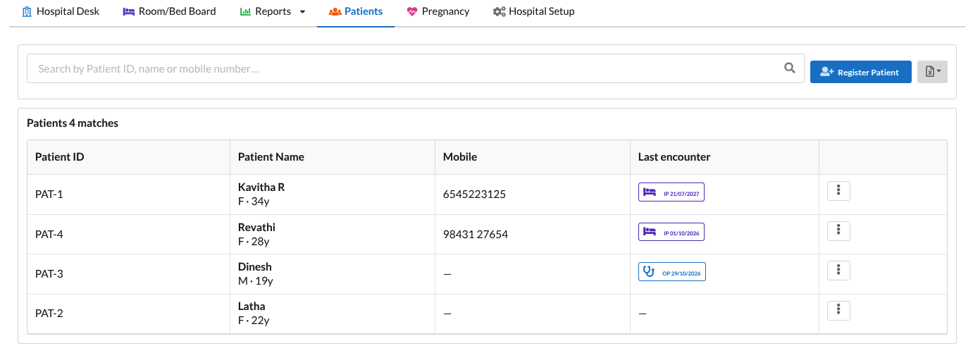 Patient search and list in the Output Books Hospital module