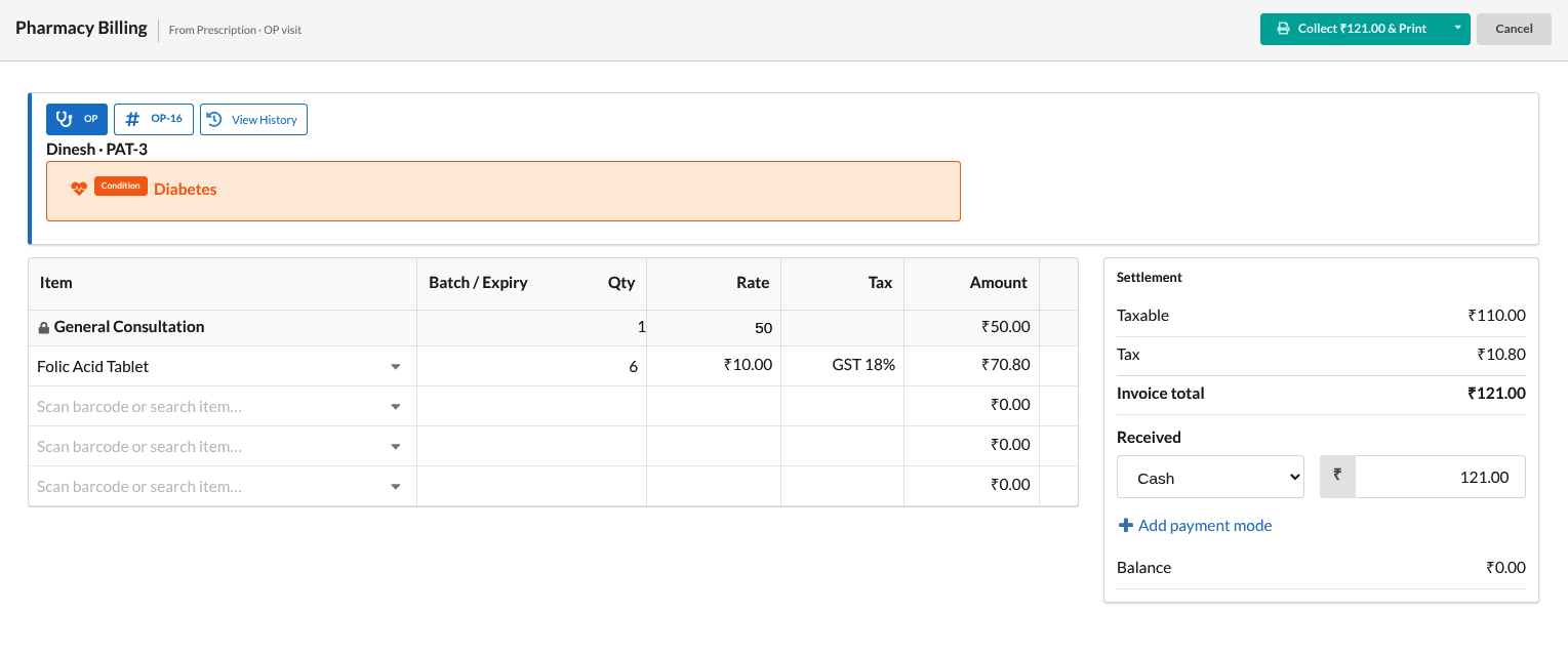 Pharmacy billing from a prescription in Output Books