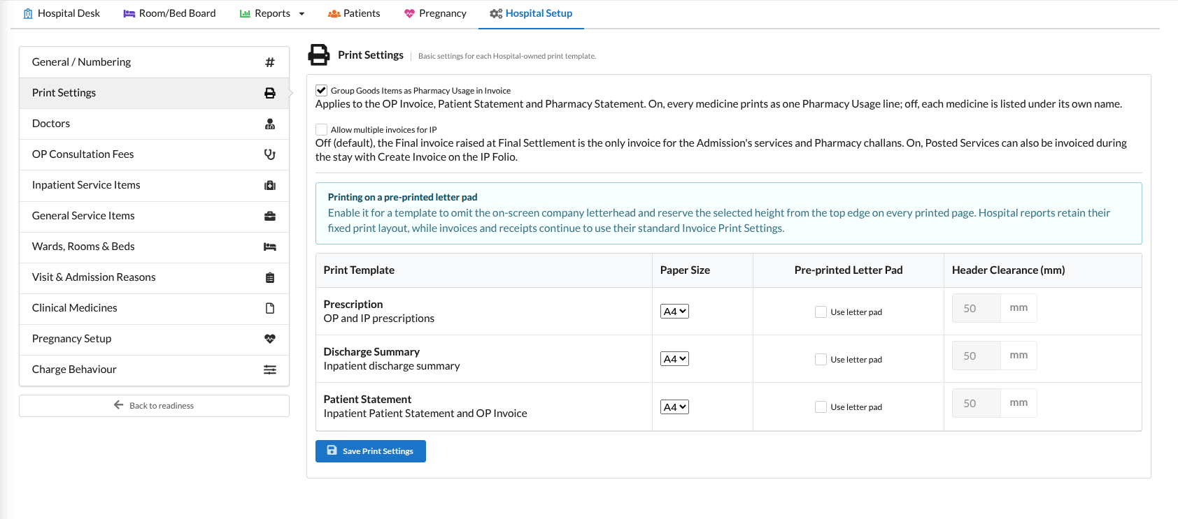 Output Books Hospital Management Print Settings