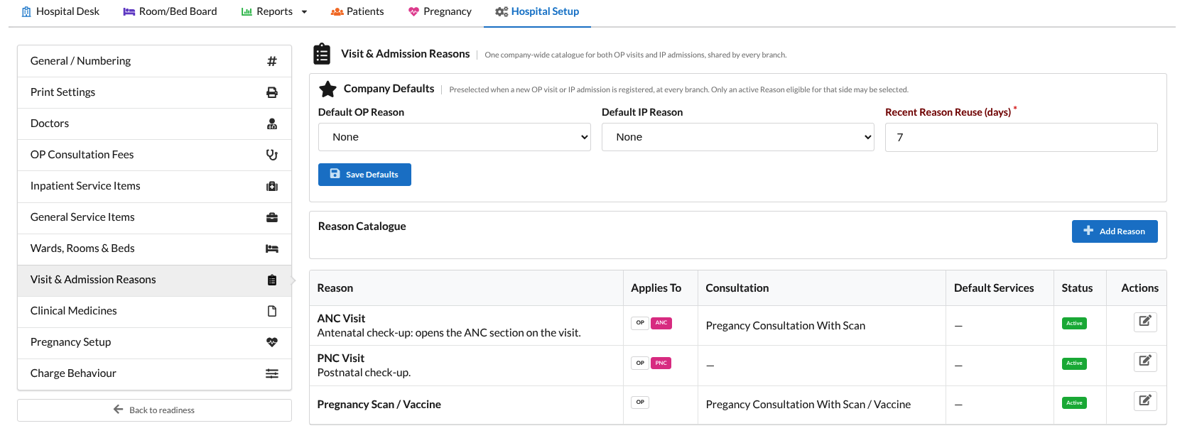 Output Books - Visit and admission reasons catalogue in the Hospital module
