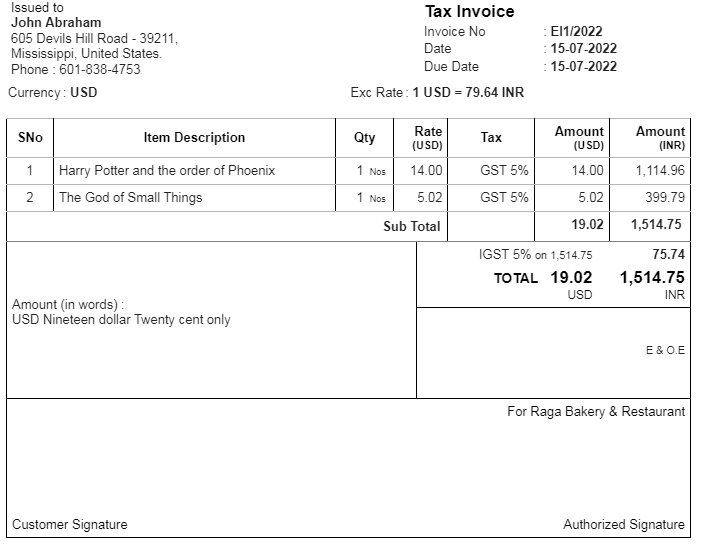 Export Invoice Print