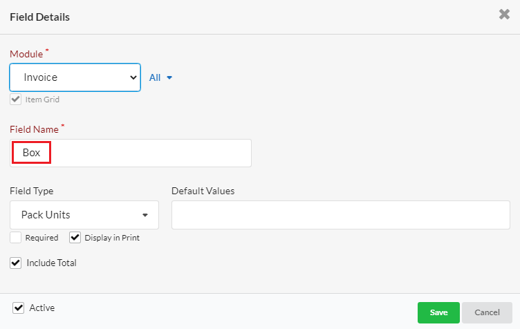 Output Books - Custom fields for Pack Units