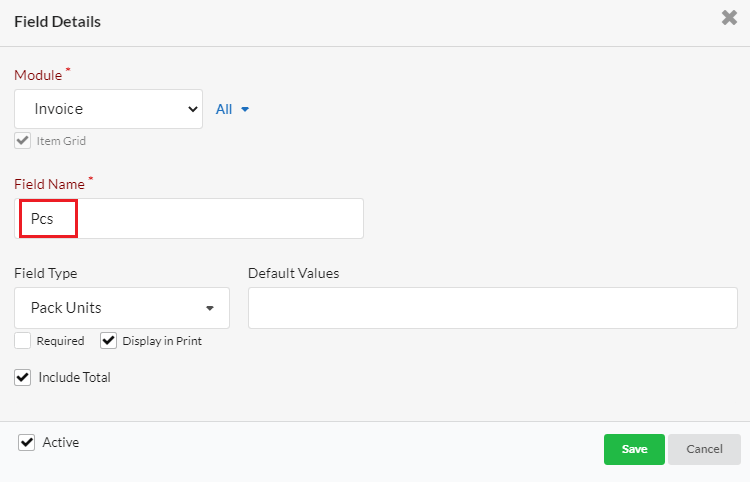 Output Books - Custom fields for Pack Units