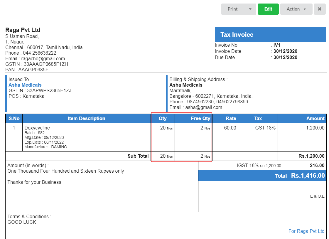 Free Qty display in Invoice