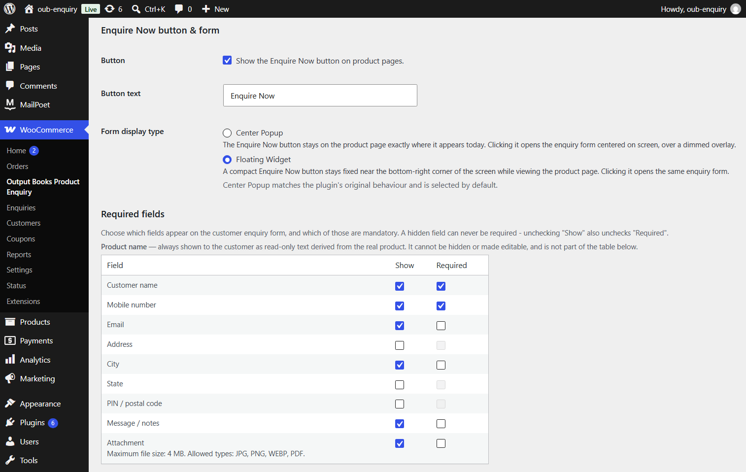 Form display type options (Center Popup, Floating Widget) and the Required Fields table