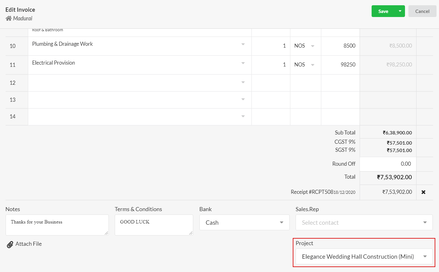 Adding Invoice with Items for Project