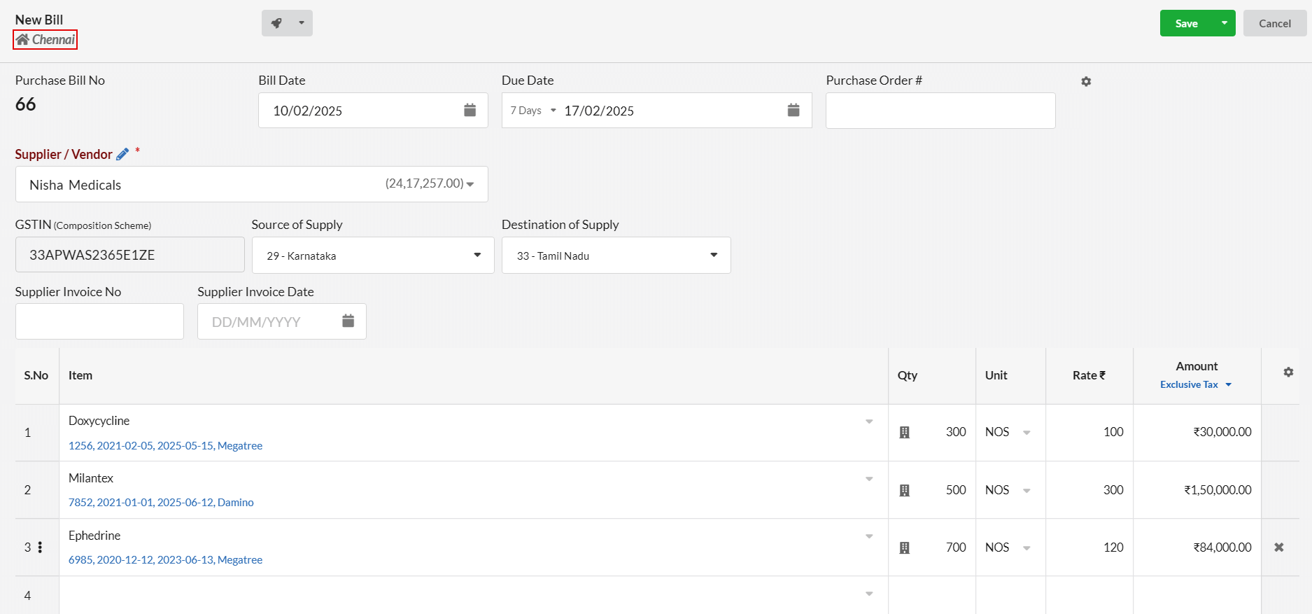 Create new purchase bill for stock inward