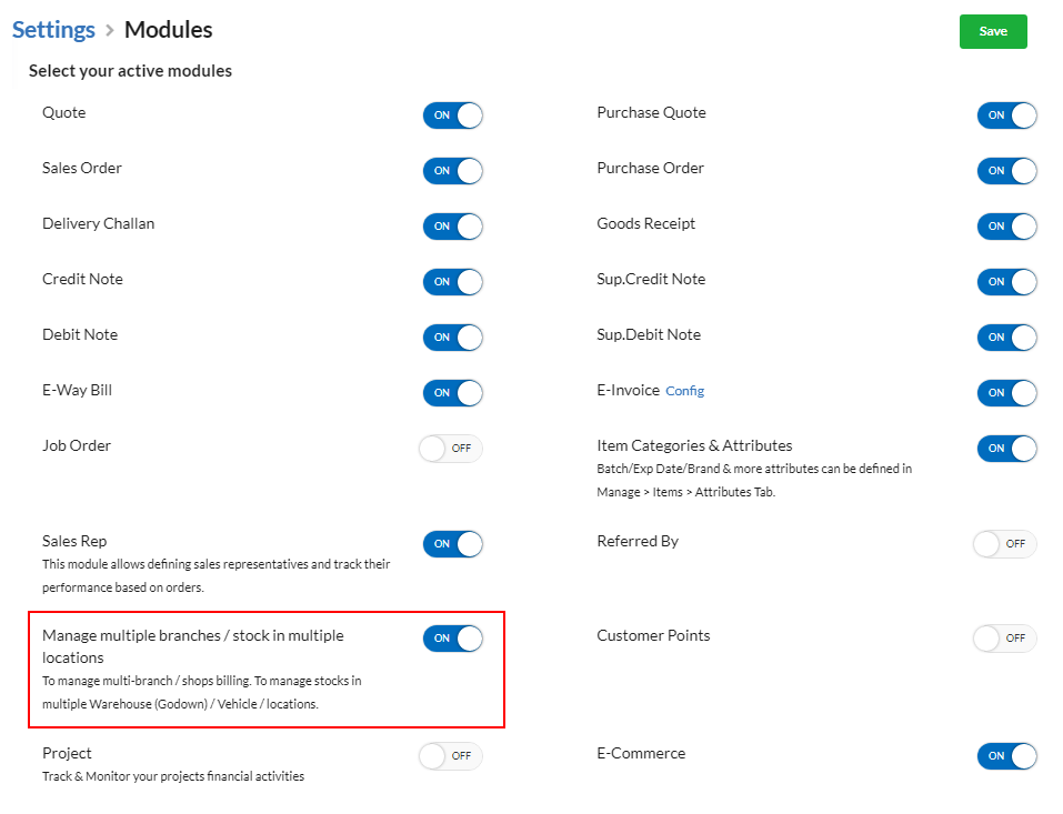 Enable Branches/Warehouses/Franchisees