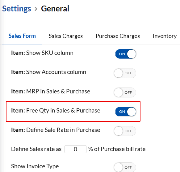 Free Qty in Sales invoice settings