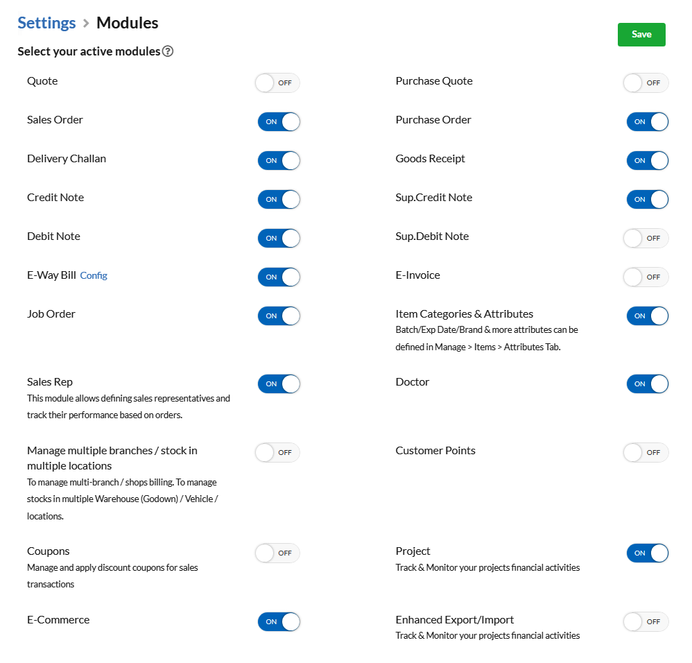 Output Books Billing Software - Modules