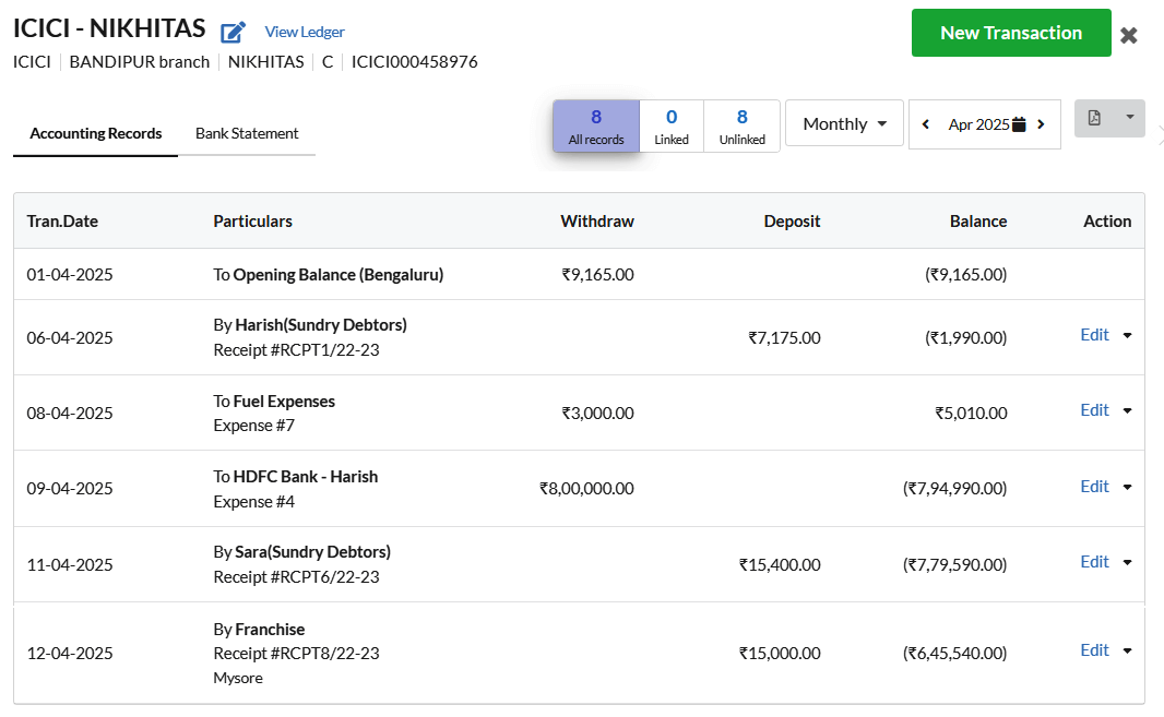 Output Books Bank Transactions