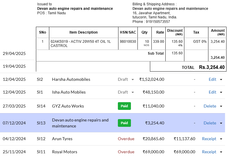 Automobile Billing Software - Invoice